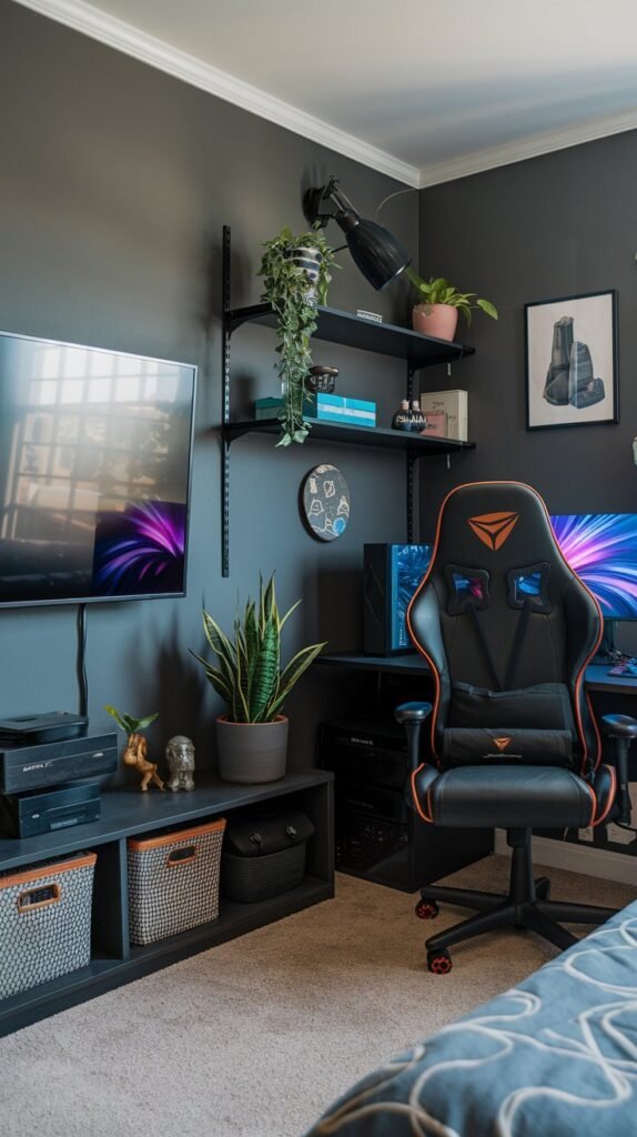 A bedroom has gray walls, a desk, a black and orange gaming chair, and shelving with plants.