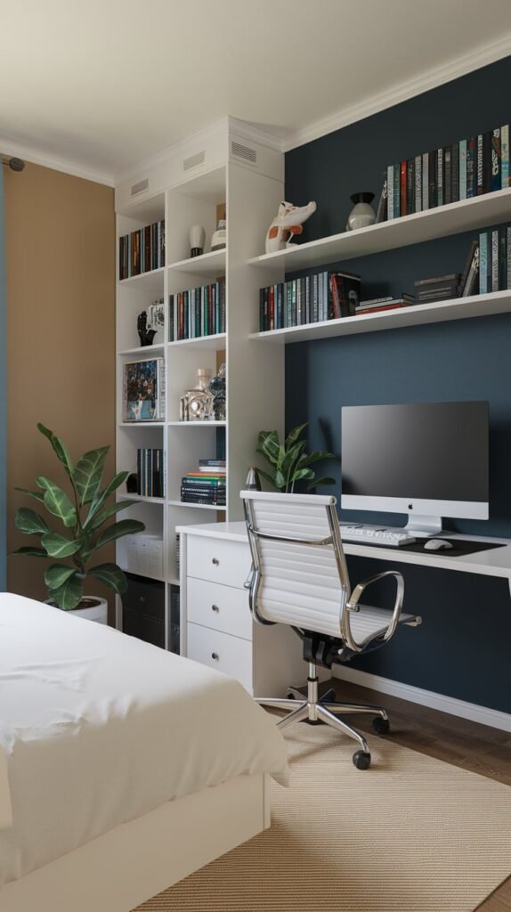 A room with a tan and blue wall has a white desk with a white chair and shelving with books.