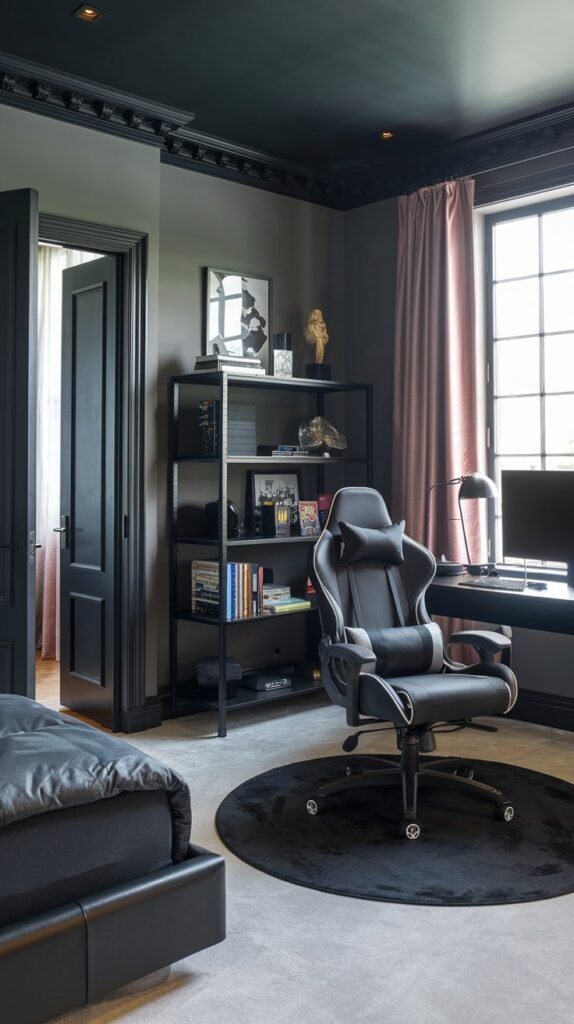 A bedroom with gray walls has a black bed, a black shelf and a black gaming chair with headrest.