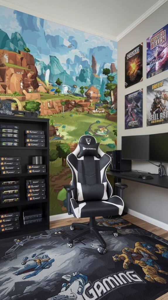 A bedroom showcases a large landscape mural on the wall, along with a black and white gaming chair, posters, and a "gaming" rug.