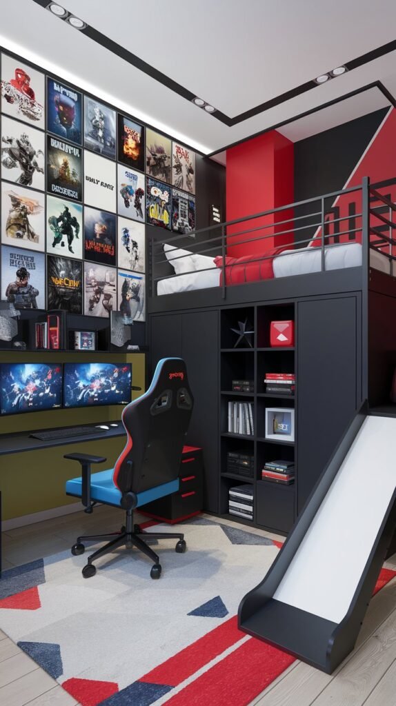 A room with dark walls, red and black accents, and a loft bed also has a desk with two monitors, a black and red gaming chair, and a slide.