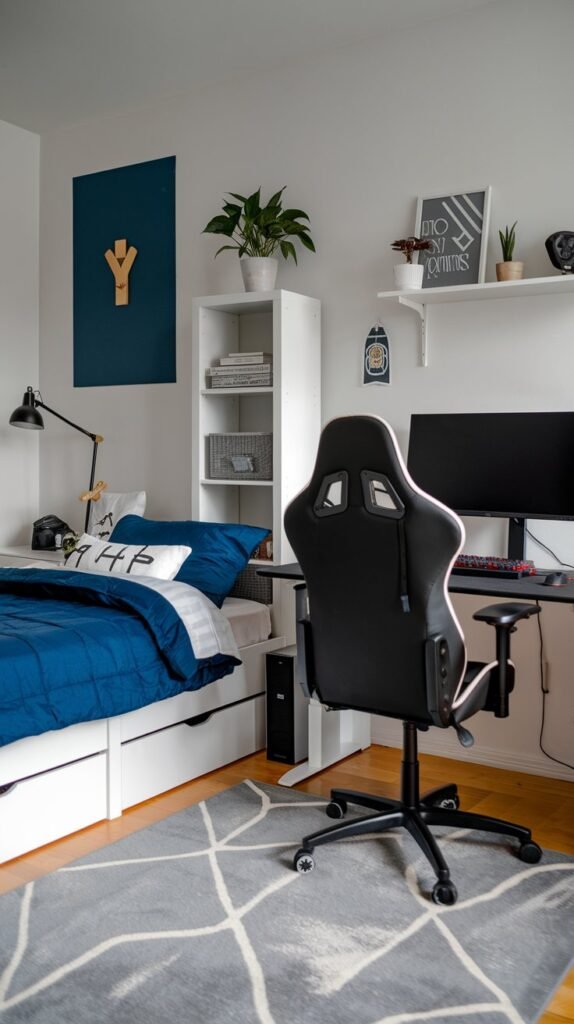 A bedroom with light walls has a bed, a desk with a black chair and shelving with plants.