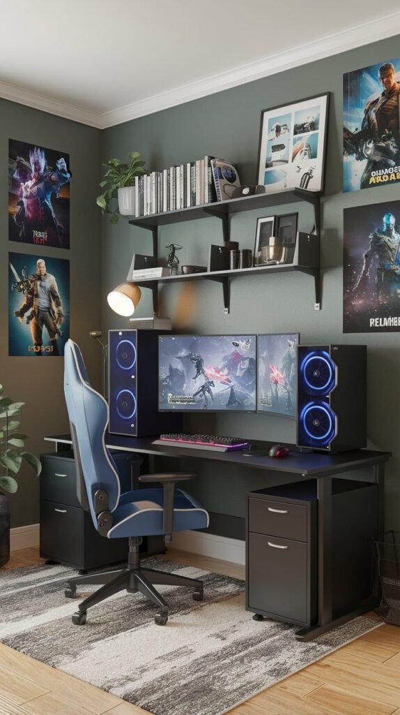 A room with green walls has a desk with two monitors, a blue gaming chair and posters on the walls.