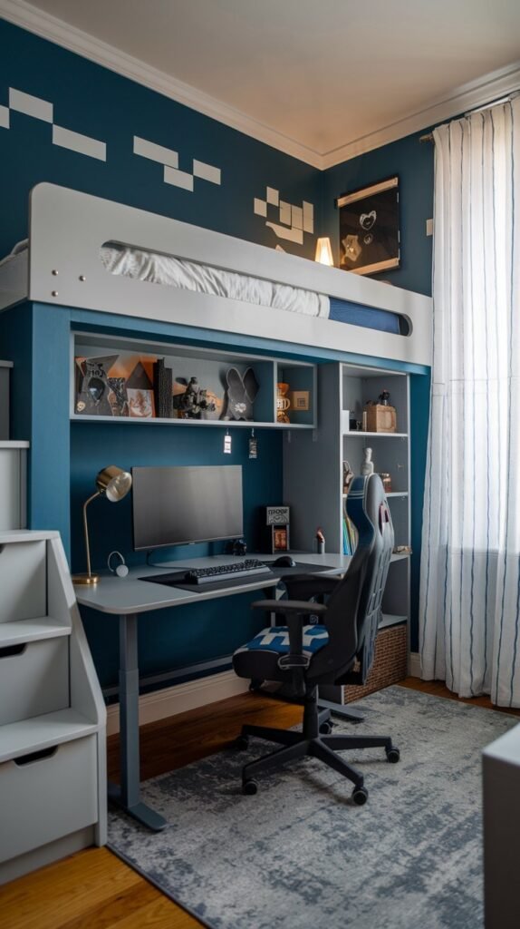 A room with blue and gray walls has a gray loft bed and a desk with a gray chair.