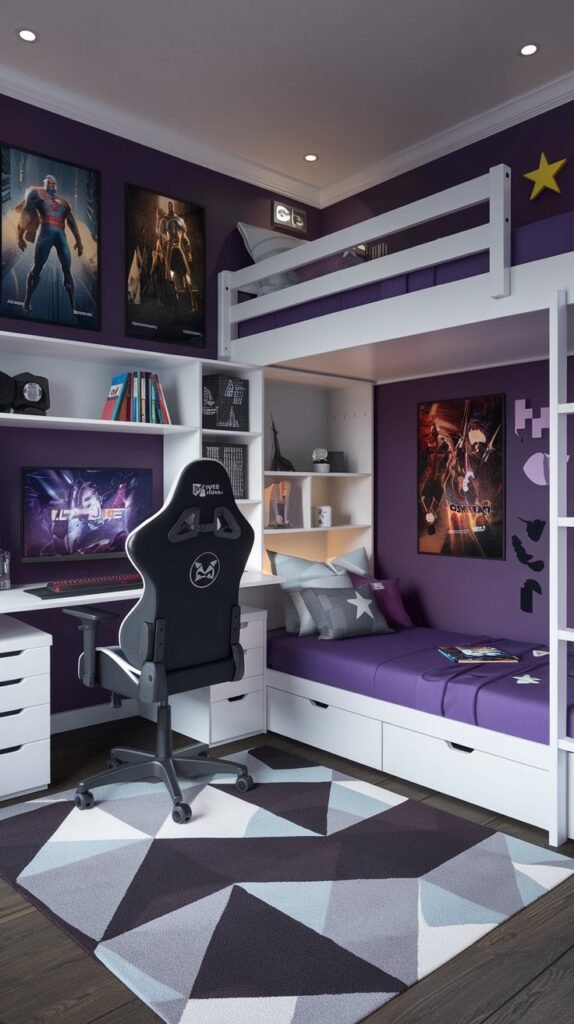 A bedroom with purple walls has a loft bed, a desk and a gaming chair with black and white accents.