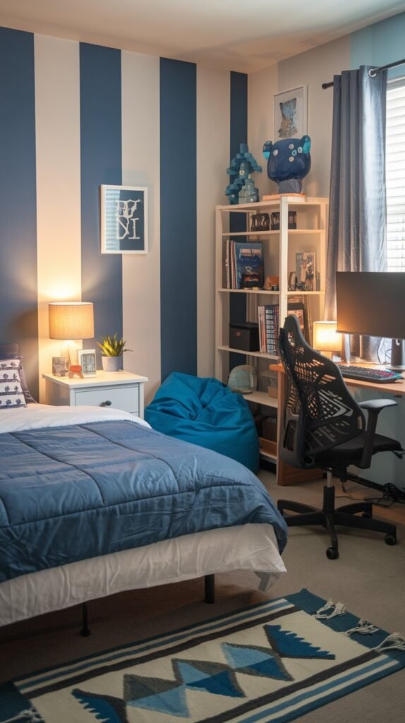 A bedroom with blue and white striped walls has a blue bed, a blue beanbag, and a desk with a black mesh chair.