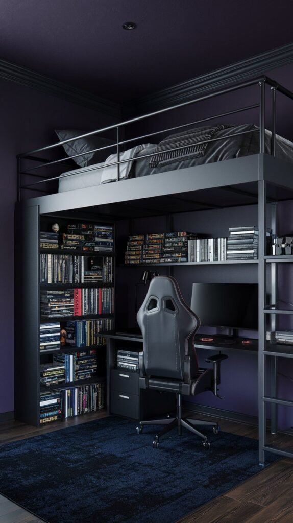 A bedroom with purple walls features a loft bed, a desk with a black chair, and a bookcase.