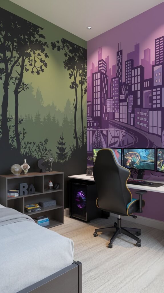 A bedroom has a dual-tone mural, a black gaming chair and a desk with two monitors.