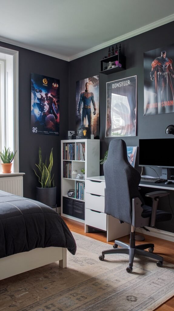 A bedroom has dark walls, posters, a white bookshelf and a desk with a gray chair.