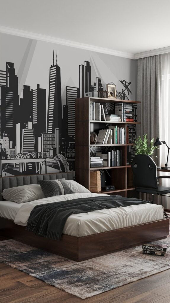 A bedroom with a gray mural of a city skyline has a dark wood bed, a wood bookcase, and a desk with a black chair.