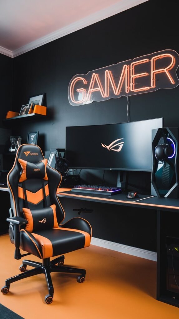 A gaming setup has black walls, an orange and black gaming chair, a large monitor and a neon "gamer" sign.