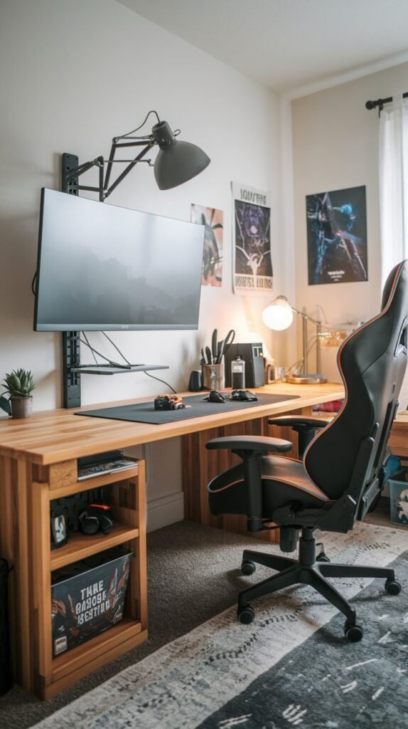 A room with light walls has a wood desk, a large monitor, and a black and orange gaming chair.