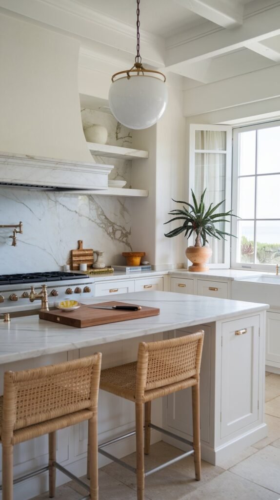 A bright kitchen features a white island with a marble countertop, light wood accents, and wicker seating.