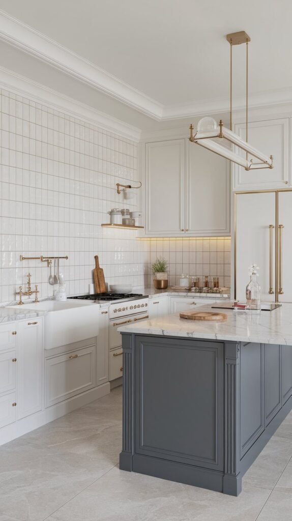 A light color scheme features white cabinetry, countertops, and subway tile with gold hardware and light fixtures.