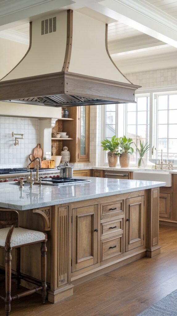 A wooden island with drawers is paired with white cabinets, countertops, and light walls.