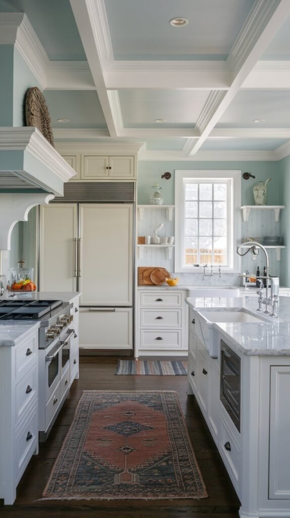 A vintage rug adds color to the kitchen which has white cabinets and a light blue ceiling.