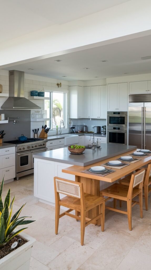 The kitchen island extends into a dining table, with light wood chairs, light stone floor, and white cabinets.