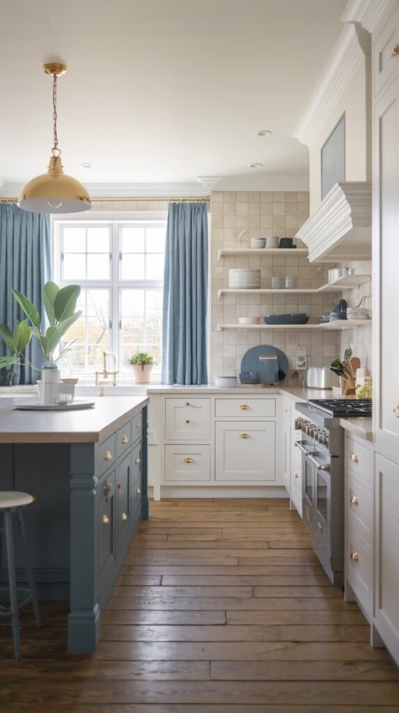 A dark wood island grounds a light color palette with white cabinets and wood floors.