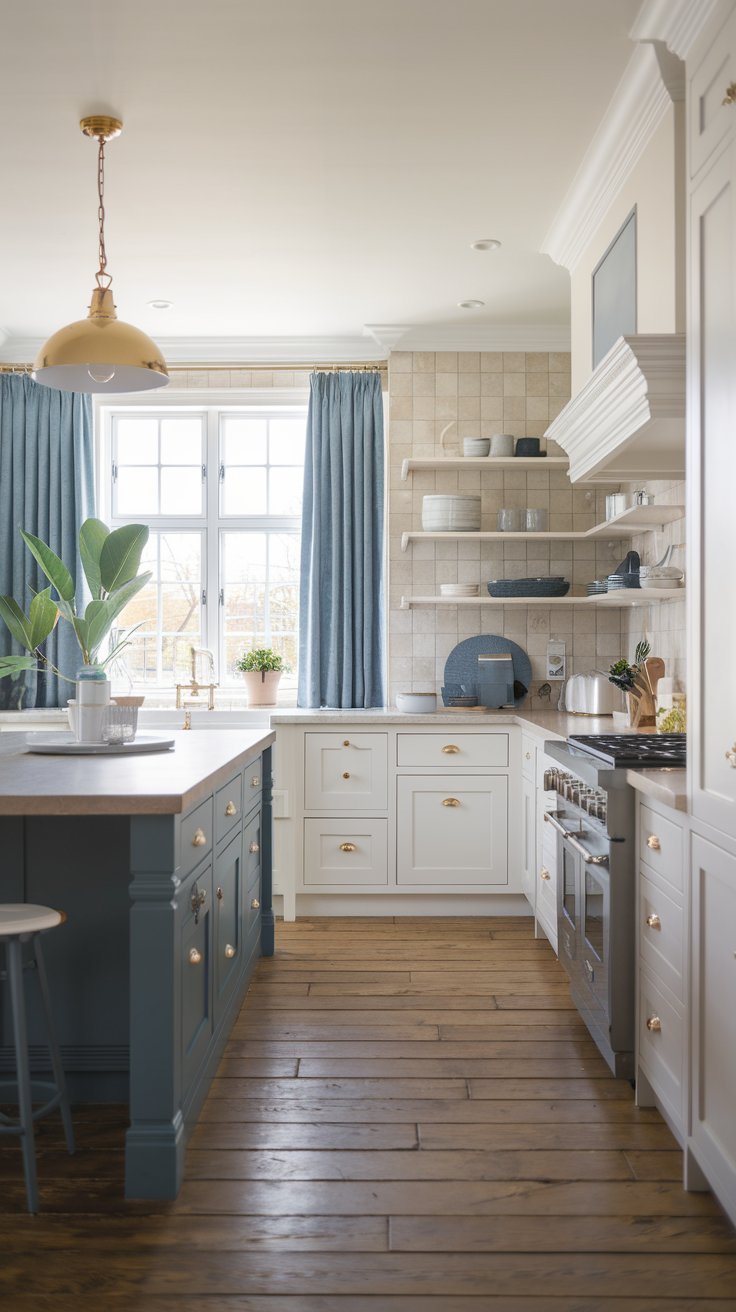 A dark wood island grounds a light color palette with white cabinets and wood floors.