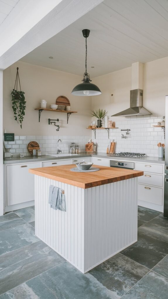 A white island with a butcher block countertop is paired with white cabinets and light gray floors.