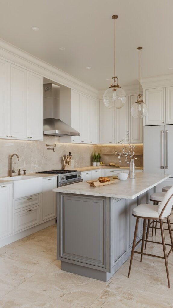 A grey island with white cabinets and countertops is lit by elegant globe pendant lights.