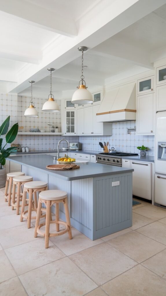 A large kitchen island offers ample seating and is styled with neutral colors and white accents.