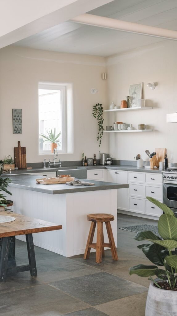 A white kitchen island has a contrasting dark countertop and base, open shelves, and light walls.