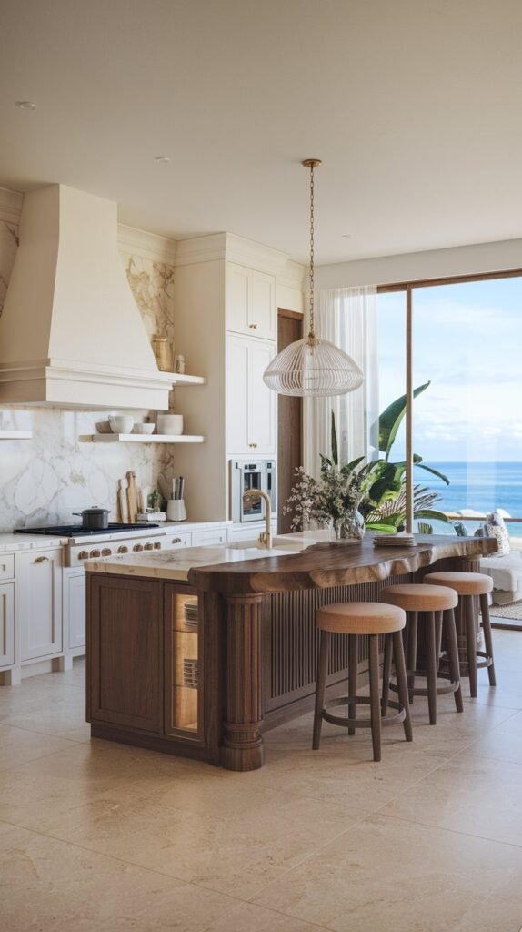 A dark wooden island with a live edge countertop is illuminated by a unique glass pendant light.