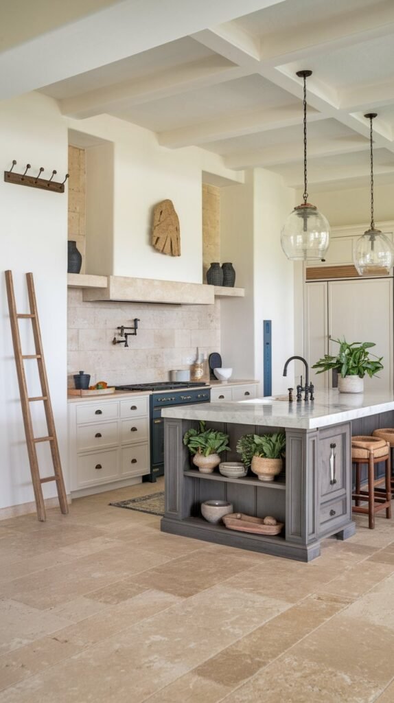 An island features both shelving and drawers, paired with white marble countertops and glass pendant lights.