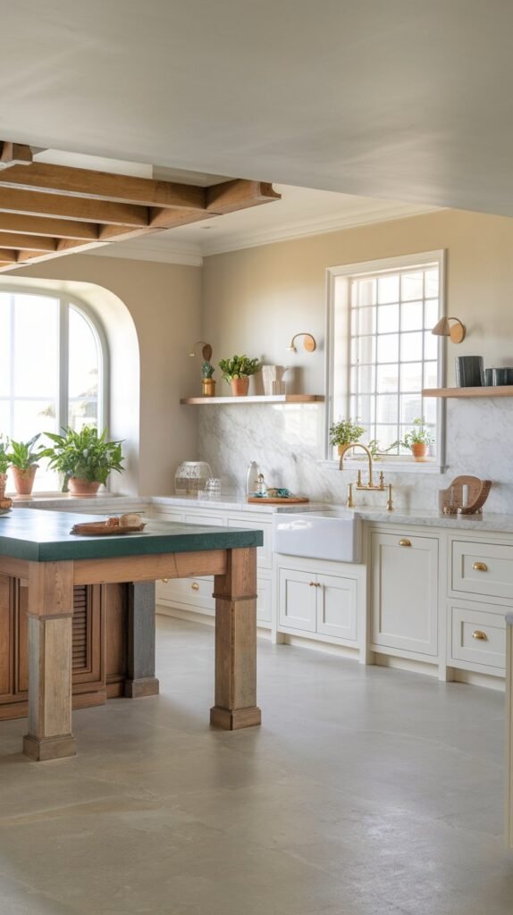 A distressed wood island base with a contrasting countertop is accented with warm lighting and plants.