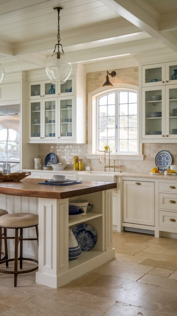 A wooden island with open shelves displays dishware, complemented by white and glass-front cabinets and a wood countertop.