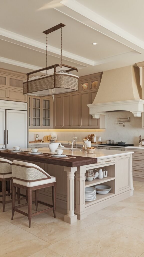 A woven light fixture hangs above the island, paired with intricately patterned counter seating.