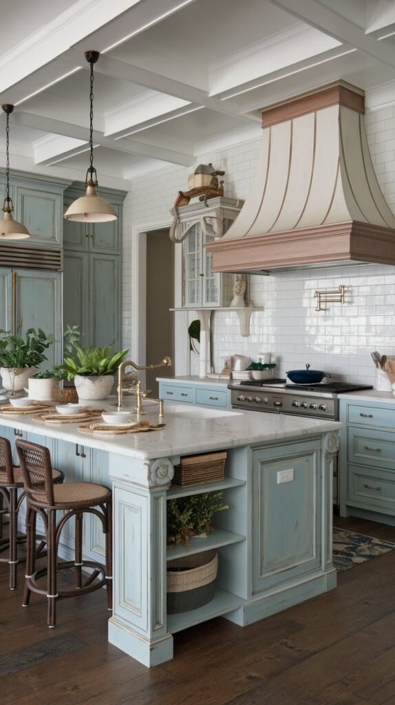 A kitchen features light blue cabinets and island with woven accents, plants, and white countertops.