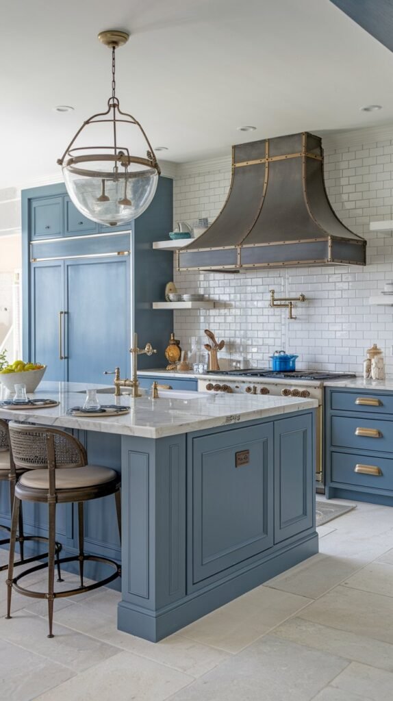 Blue cabinetry is paired with a metallic range hood and a glass pendant light over the island.