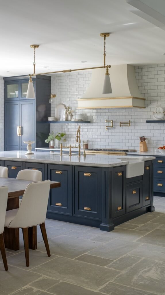 Navy blue cabinets are contrasted with white countertops, gold fixtures, and warm lighting.