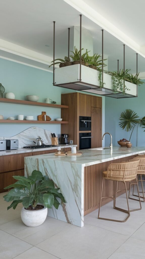 A hanging planter adds greenery above the island, complemented by light wood cabinets and a white countertop.