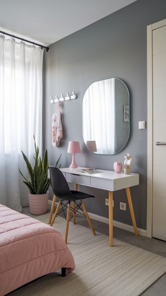 Simple Gray Room with a Pink Desk Lamp