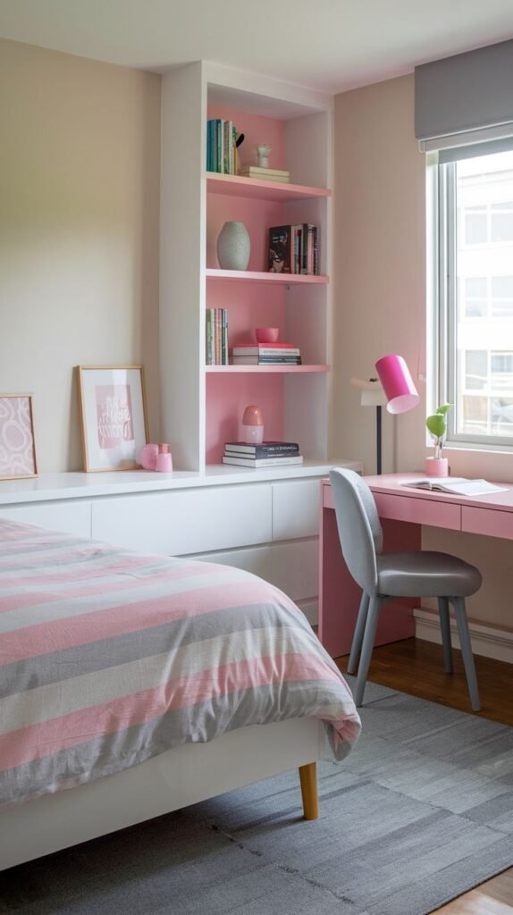 Built-in Shelving with a Pink Desk