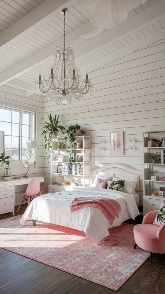 White and Wood Bedroom with Chandelier