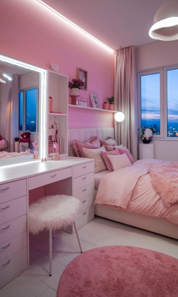 Pink Vanity with Lighted Mirror