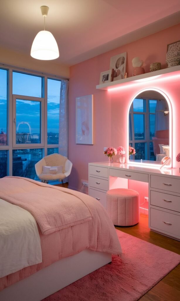 Pink Vanity with Circular Mirror