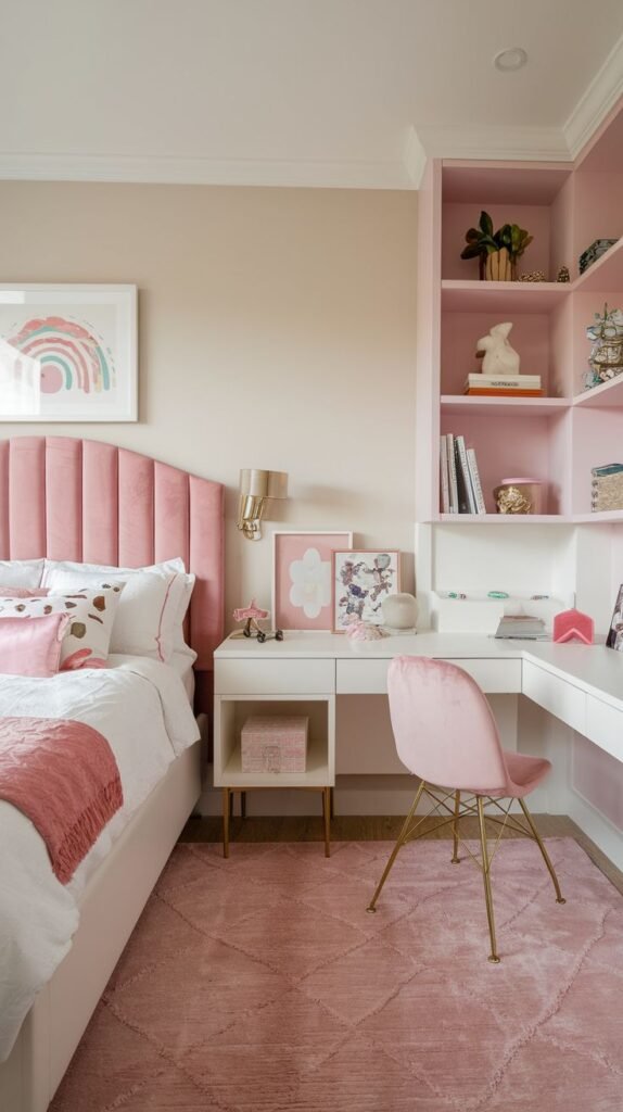 Pink and White Desk with Built-in Shelves
