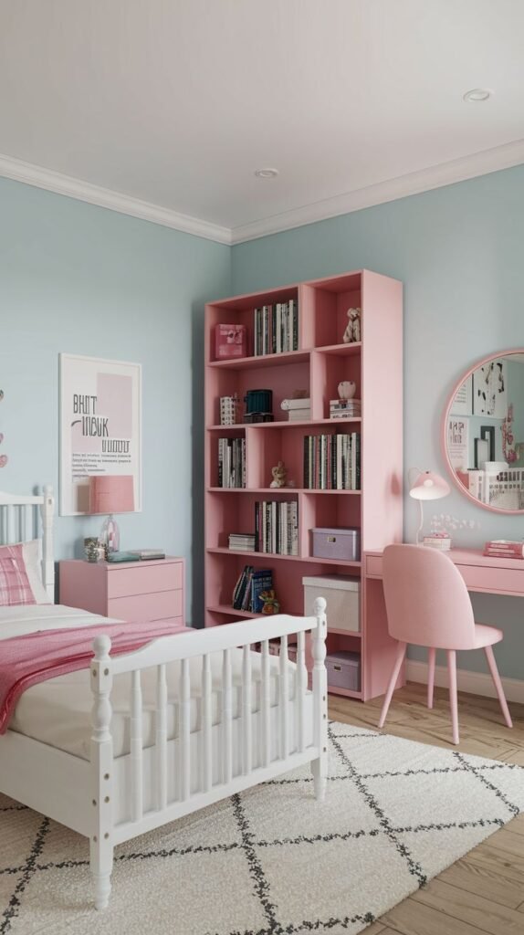 Pink Bookshelf in a Blue Room
