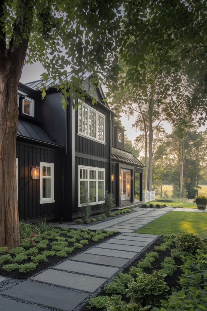 Dark Siding with White Window Frames