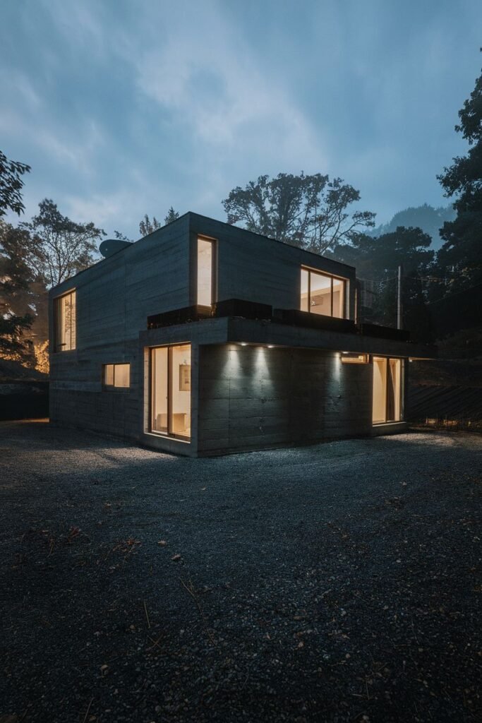 Dark Concrete House with Modern Lighting