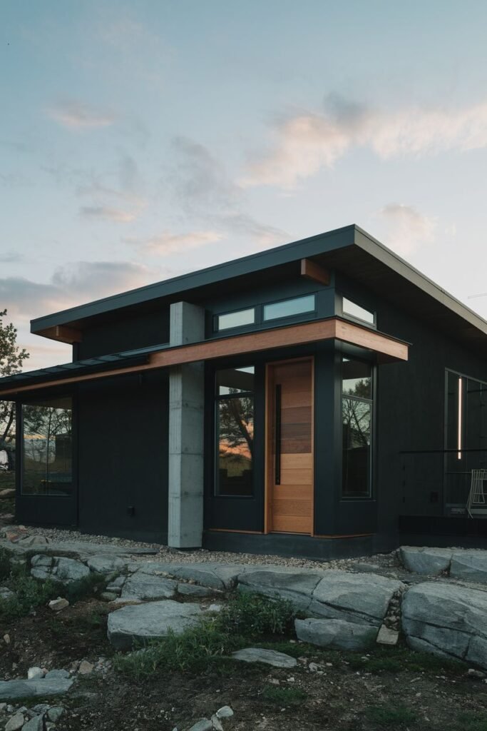 Dark Siding with Natural Wood Entryway