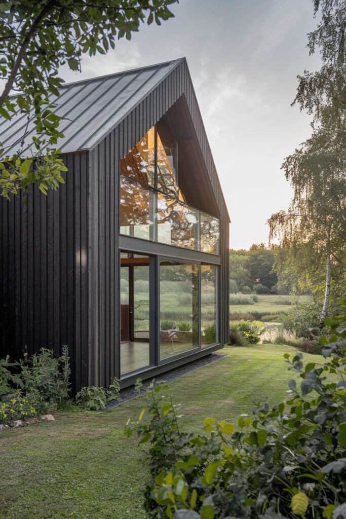 Dark Siding with Expansive Windows and Lake Views