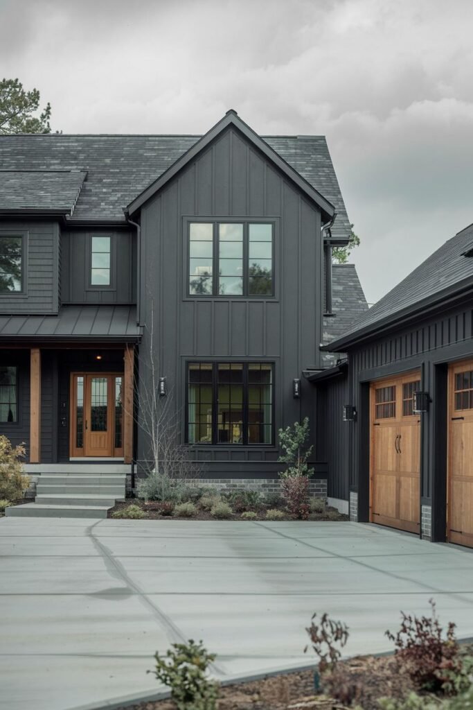 Dark Siding with Wood Garage Doors