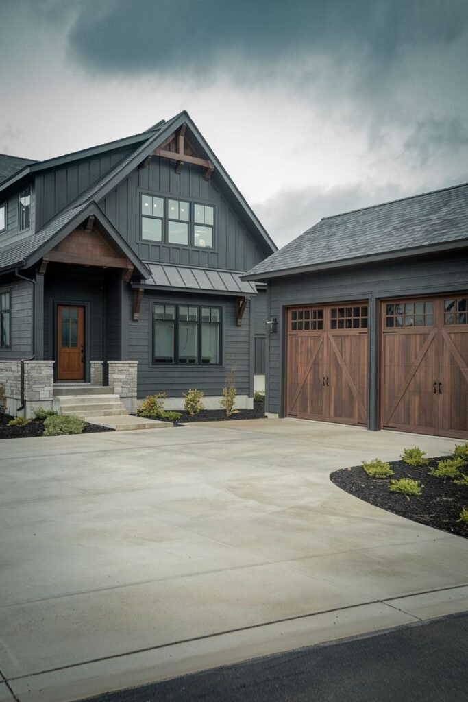 Dark Farmhouse with Wooden Garage Doors