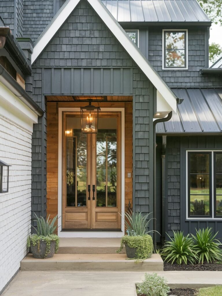 Gray Shingled Siding with Wood Accents